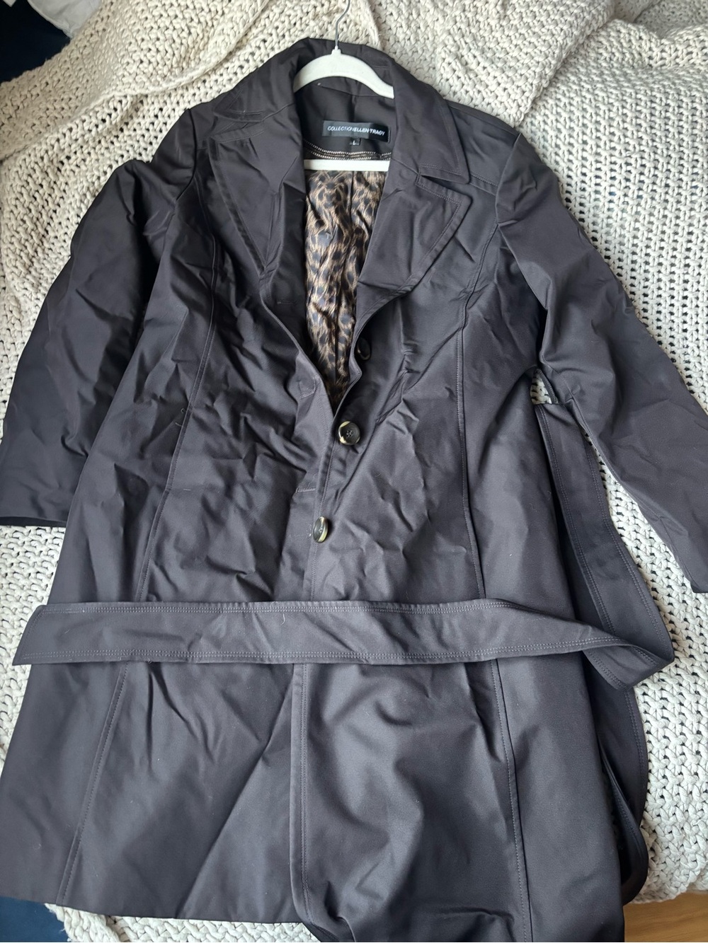 Ellen Tracy Brown Trench Coat with Leopard-Print Lining